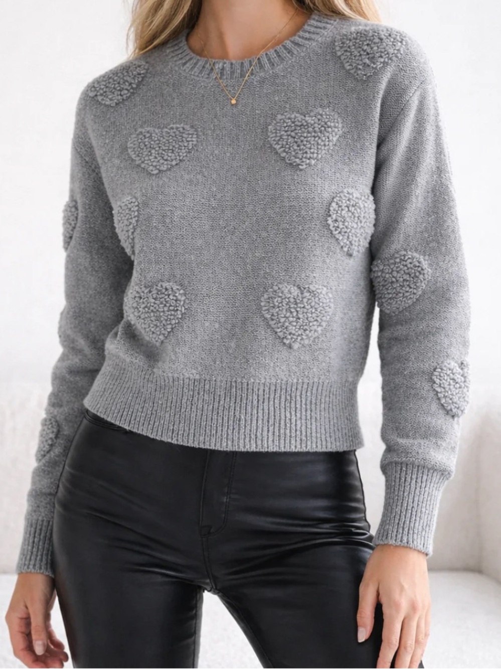 NWT Cupshe Grey Crochet Heart  Long Sleeve Crewneck Size Large